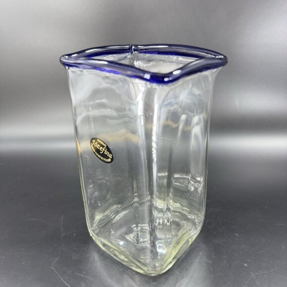Krosno Jozefina Hand Blown Glass Vase Made In Poland Clear Cobalt Blue Edges VTG - Picture 14 of 16